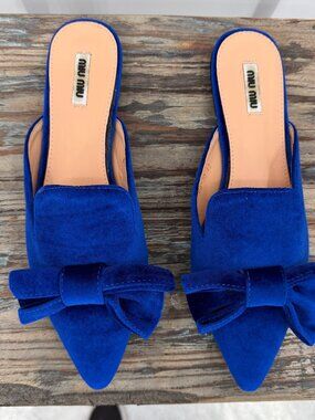 Miu Miu Blue Velvet Bow Pointed Toe Mules EU 42 US 11 Y2K Coquette Chic NWOB